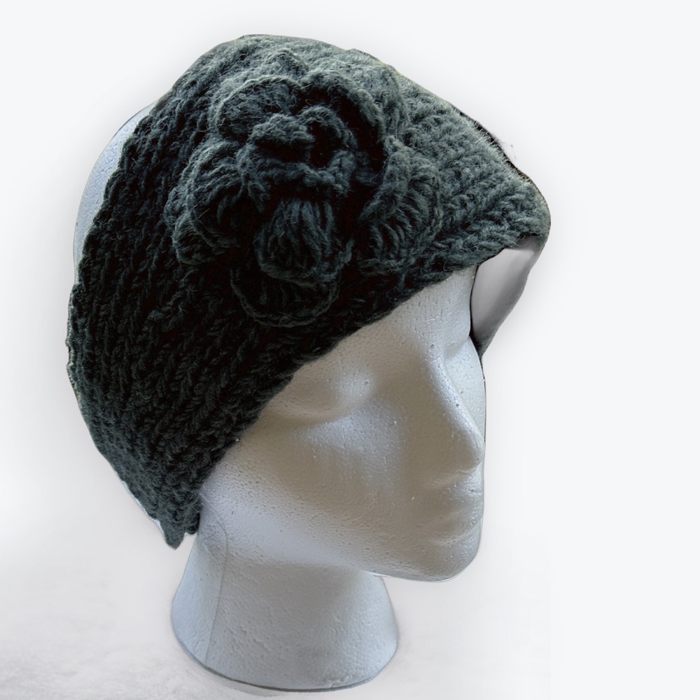 Teal Woolen Knit Flower Headband Ear-Warmer Fleece-Lined Button-Closure Nepal